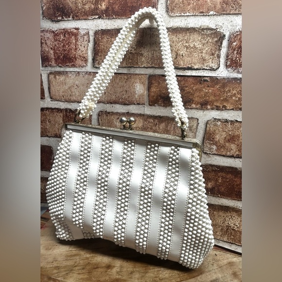 Vintage Lumured  1950s Ivory Beaded Leather Top Handle Handbag Purse - Picture 7 of 10